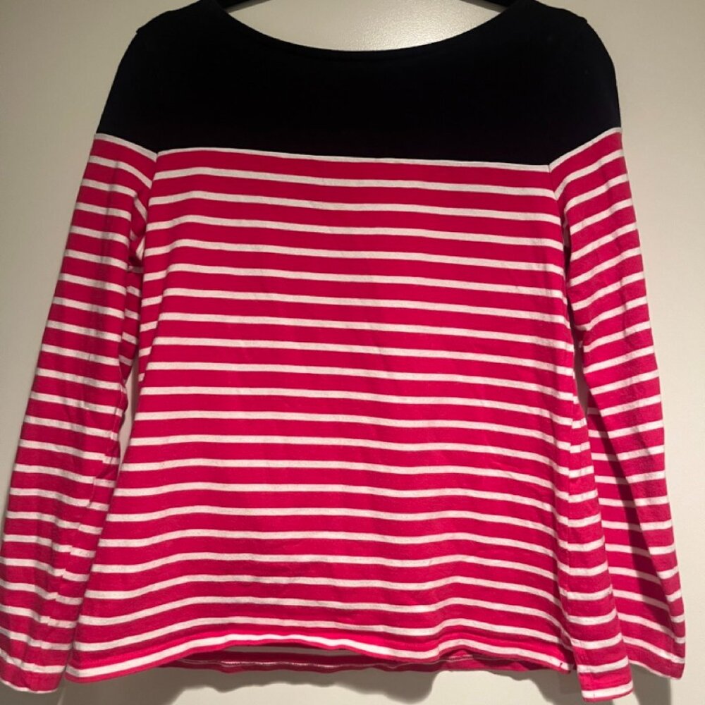 Classic talbots boatneck long sleeve cotton top in navy and pink + white stripe